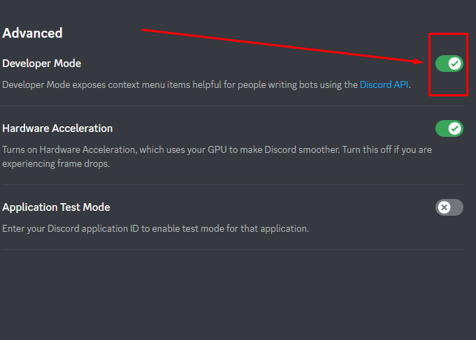 Enable/Disable the Developer Mode in discord